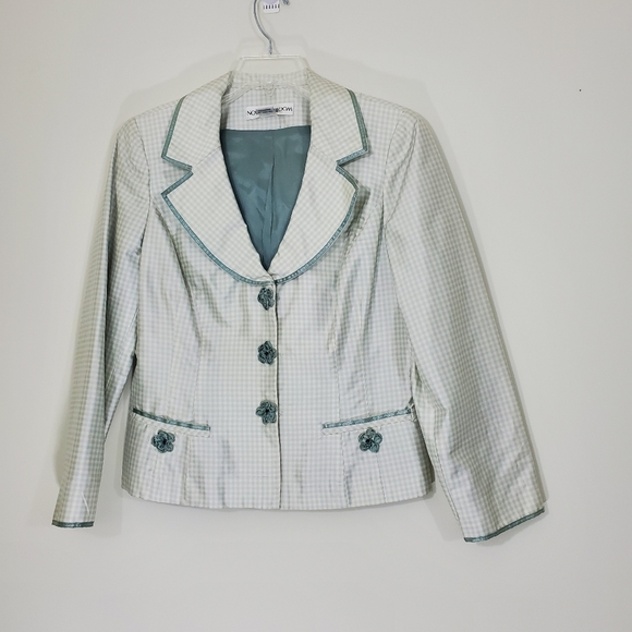 Noviello-Bloom Green/White Checked 100% Silk Vintage Jacket, Size 10. - Picture 16 of 16